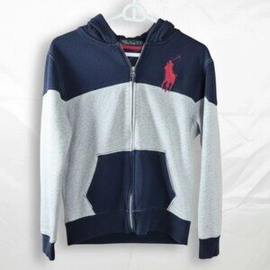 Boys Polo Hoodie L/G (14–16) Blue Gray With Red Pony Jacket